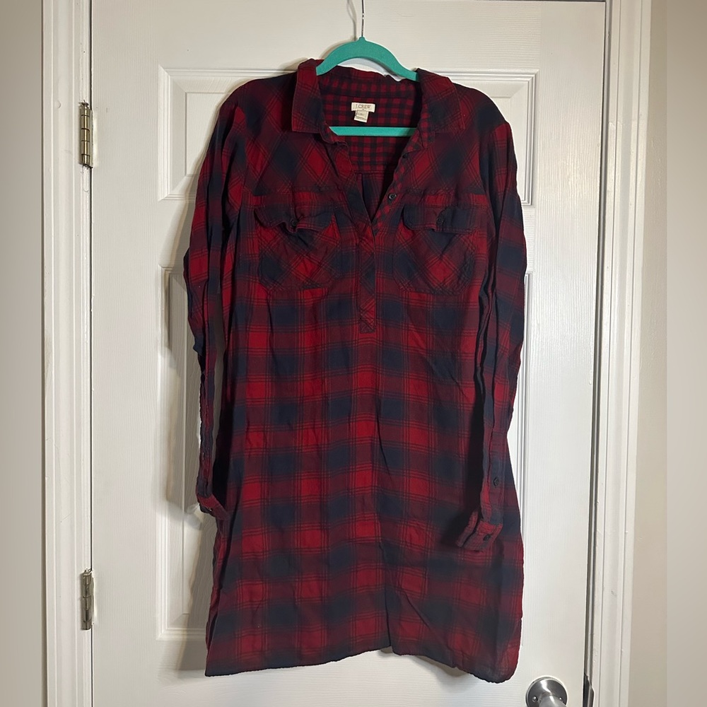 J. Crew Plaid Flannel Long Sleeve Button Down Shirt Dress Pockets Sz XL